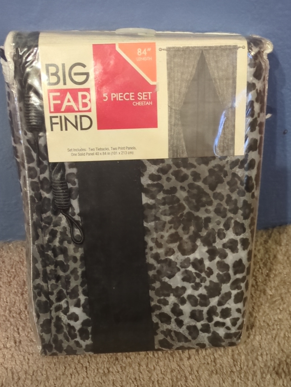 BIG FAB FIND 5-Piece Cheetah Sheer Curtain Set - Black & Gray New 84" Length